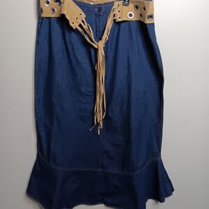 Chic Denim and Tan Women's Midi Skirt